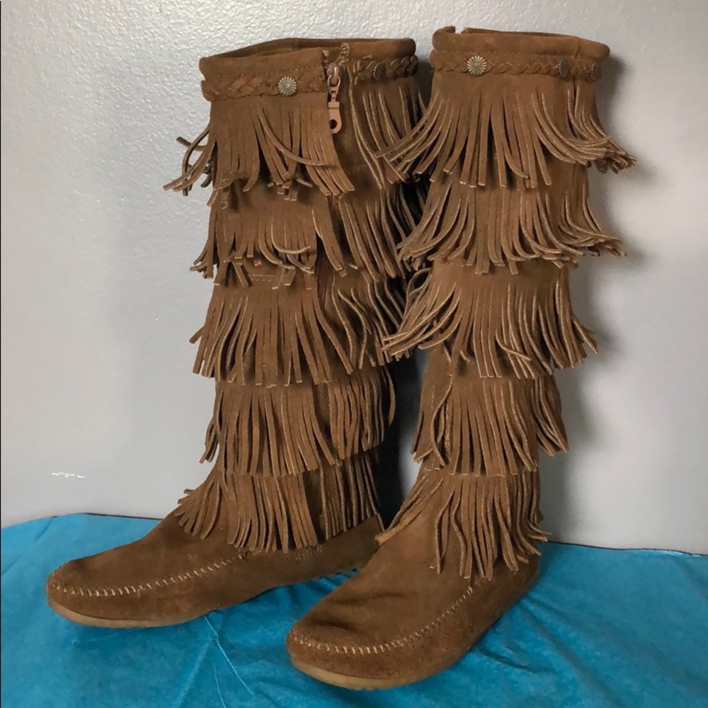 MINNETONKA TALL FRINGE BOOTS BROWN SUEDE BOHEMIAN